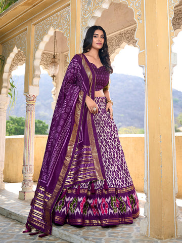 Purple Color Ikkat Print With Foil Work Tussar Silk Lehenga Choli - women's fashion mart