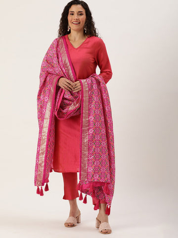 Pink Color Patola Print With Foil Work Also Comes With Tassels Tussar Silk Dupatta - women's fashion mart
