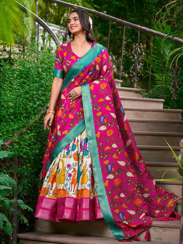 White Color Kalamkari Print With Zari Weaving Dola Silk Lehenga Choli -lehenga choli design Unstitched / Semi-Stitched women's fashion mart