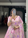 Baby Pink Color Floral Print With Embossed Design Tabby Silk Chaniya Choli