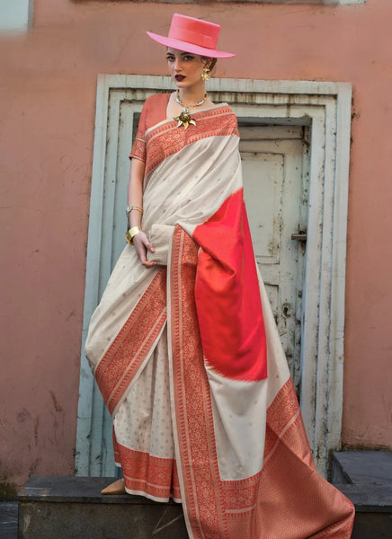 Classic Red-White Handloom Silk Trendy Saree - women's fashion mart