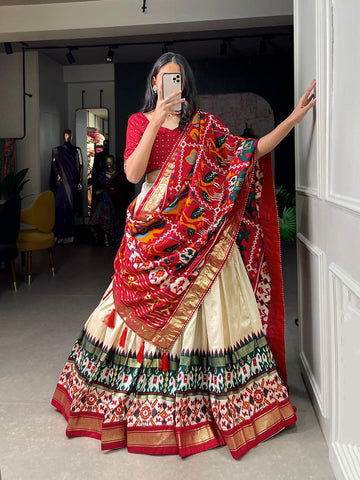 Off White Color Haydrabad Patola Print With Foil Work Tussar Silk Lehenga Choli -lehenga choli dress Unstitched / Semi-Stitched women's fashion mart