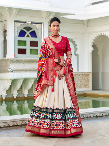 Off White Color Haydrabad Patola Print With Foil Work Tussar Silk Lehenga Choli - women's fashion mart