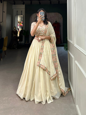 Off White Color Sequins and Thread Embroidery Work Georgette Lehenga Choli - women's fashion mart