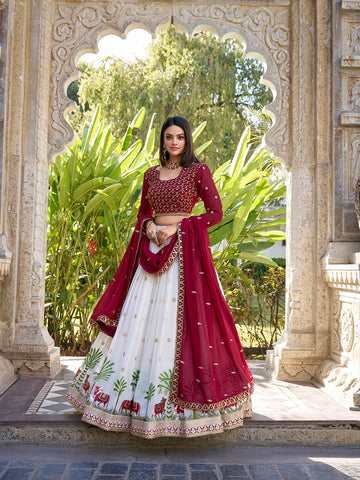White Color Sequins And Thread Embroidery Work Georgette Lehenga Choli - women's fashion mart