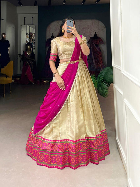 Off-White Jacquard Silk Lehenga Choli with Elegant Ikkat Weaving Details  women's fashion mart