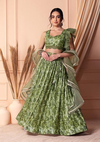 Olive color Lehenga Set With Blouse And Dupatta - women's fashion mart