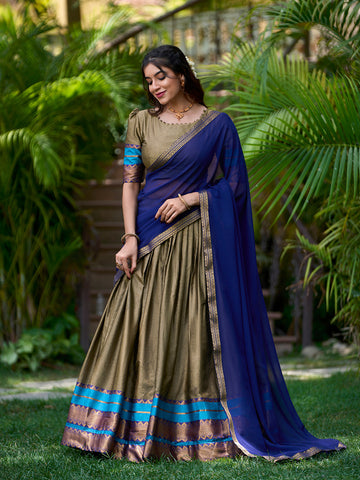 Chiku Color Zari Weaving Work Cotton South Indian Lehenga Choli - women's fashion mart