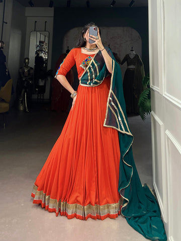 Orange Color Embossed Design Lace Touch Up Rayon Ghaghra Choli
