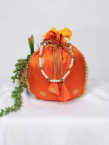 Orange Color Weaving Zari Work Silk Batwa -batwa bag Default Title women's fashion mart