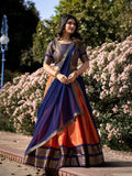 Orange Color Zari Weaving Work Kanchipuram Pattu Lehenga Choli -maharashtra lehenga choli Unstitched / Semi-Stitched women's fashion mart