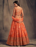 Orange Floral Print Organza Lehenga With Sequins Work | Ready To Wear - women's fashion mart