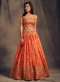 Orange Floral Print Organza Lehenga With Sequins Work | Ready To Wear - women's fashion mart