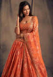 Orange Floral Print Organza Lehenga With Sequins Work | Ready To Wear - women's fashion mart