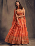 Orange Floral Print Organza Lehenga With Sequins Work | Ready To Wear - women's fashion mart