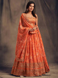 Orange Floral Print Organza Lehenga With Sequins Work | Ready To Wear - women's fashion mart