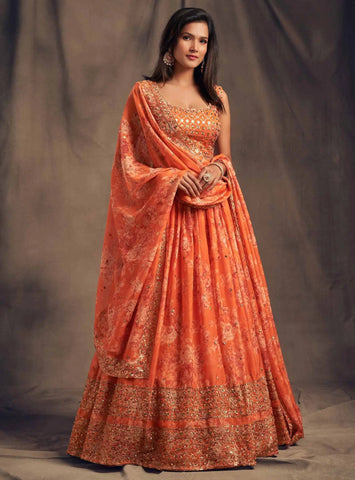 Orange Floral Print Organza Lehenga With Sequins Work | Ready To Wear - women's fashion mart