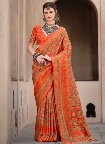 Outstanding Orange Ajrakh Printed Sigma Silk Traditional Saree - women's fashion mart
