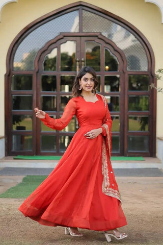 Orange silk Flared gown with dupatta - women's fashion mart