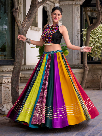 Multi Color Original Mirror Gamthi Work With Lace Touch Up Rayon Chaniya Choli