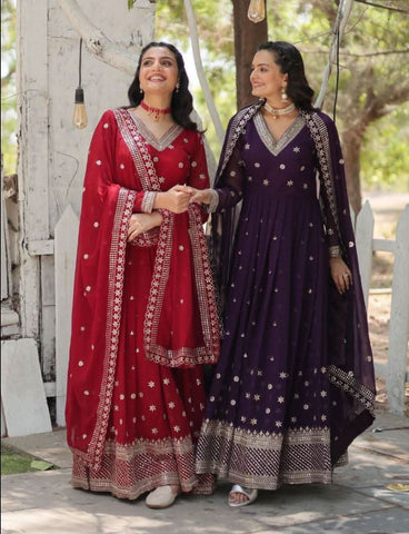 Outstanding Faux Georgette Rich Sequins Worked Gown -Gowns Maroon / M women's fashion mart