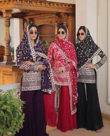 Outstanding Viscous Jacquard Sequins Embroidered Top Sharara Suit -Salwar Kameez Black / M women's fashion mart