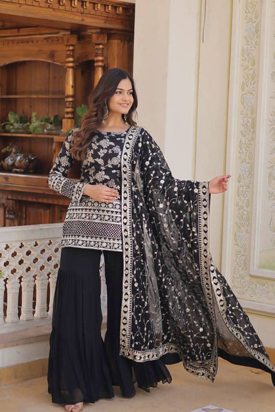 Outstanding Viscous Jacquard Sequins Embroidered Top Sharara Suit -Salwar Kameez Black / M women's fashion mart