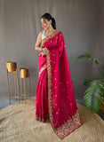 Beautiful Pink Embroidery Butti With Cut Work Silk Saree