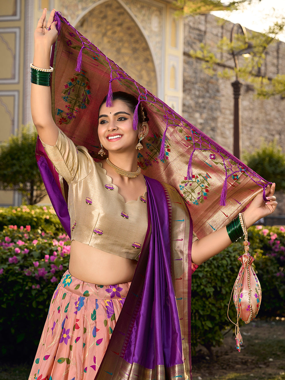 Peach Color Jacquard Silk (Paithani) Weaving Zari Work South Lehenga Choli - women's fashion mart
