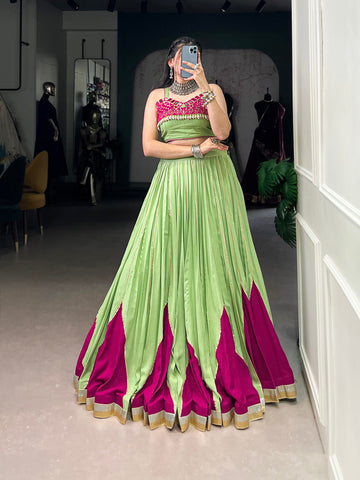 Parrot Color Embossed Design Mirror Work Lehenga Choli