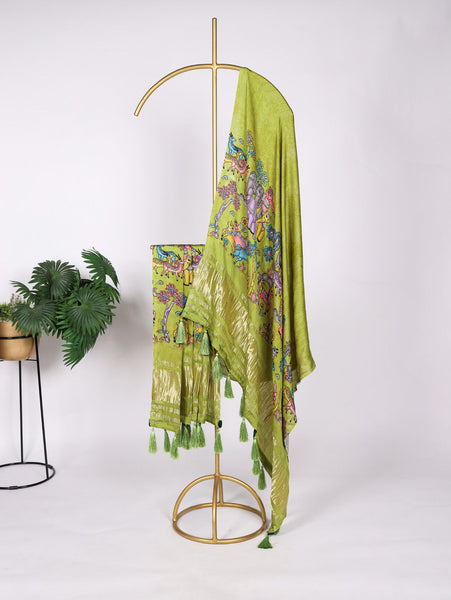 Parrot Color Digital Print And Lagadi Patta Gaji Silk Dupatta