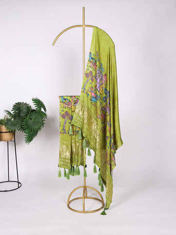 Parrot Color Digital Print And Lagadi Patta Gaji Silk Dupatta