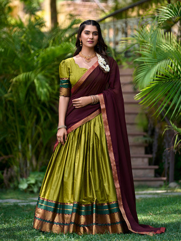 Olive Green Color Zari Weaving Work Cotton South Indian Lehenga Choli - women's fashion mart