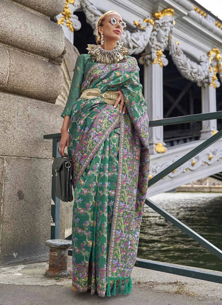 Majestic Dark Green Handloom Organza Parsi Weaving saree - women's fashion mart