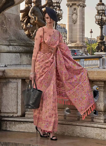Pleasing Peach Handloom Organza Parsi Weaving saree - women's fashion mart