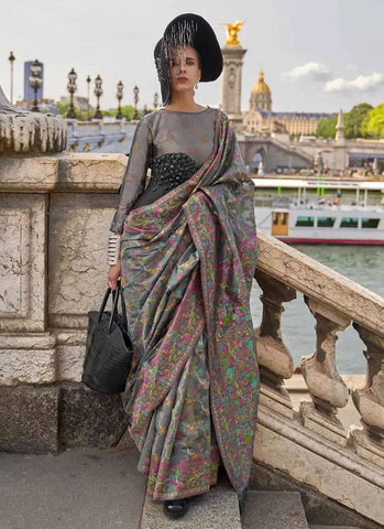 Graceful Grey Handloom Organza Parsi Weaving saree - women's fashion mart