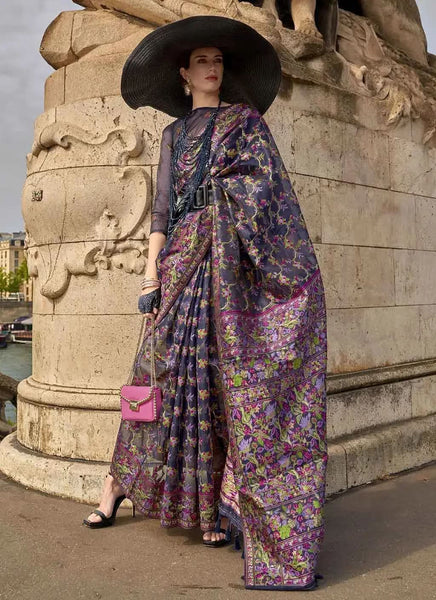 Fantastic Purple Handloom Organza Parsi Weaving saree - women's fashion mart