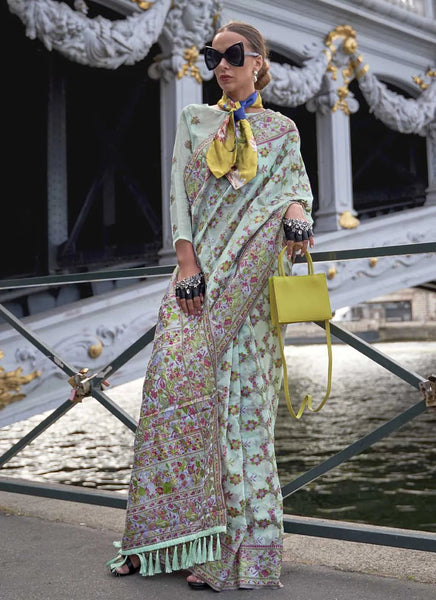 Exquisite Aqua Blue Handloom Organza Parsi Weaving saree - women's fashion mart