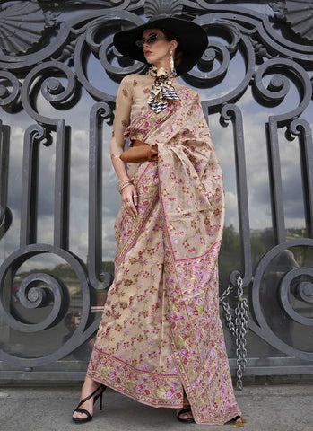 Captivating Cream Handloom Organza Parsi Weaving saree - women's fashion mart