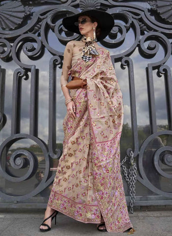 Captivating Cream Handloom Organza Parsi Weaving saree -Saree Unstitched women's fashion mart