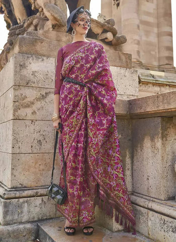 Stunning Dark Pink Handloom Organza Parsi Weaving saree - women's fashion mart