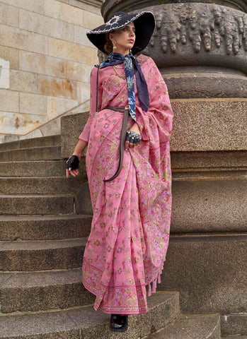 Charming Pink Handloom Organza Parsi Weaving saree -Saree Unstitched women's fashion mart