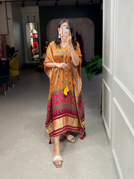 Mustard Color Patola Printed Gaji Silk Kaftan - women's fashion mart