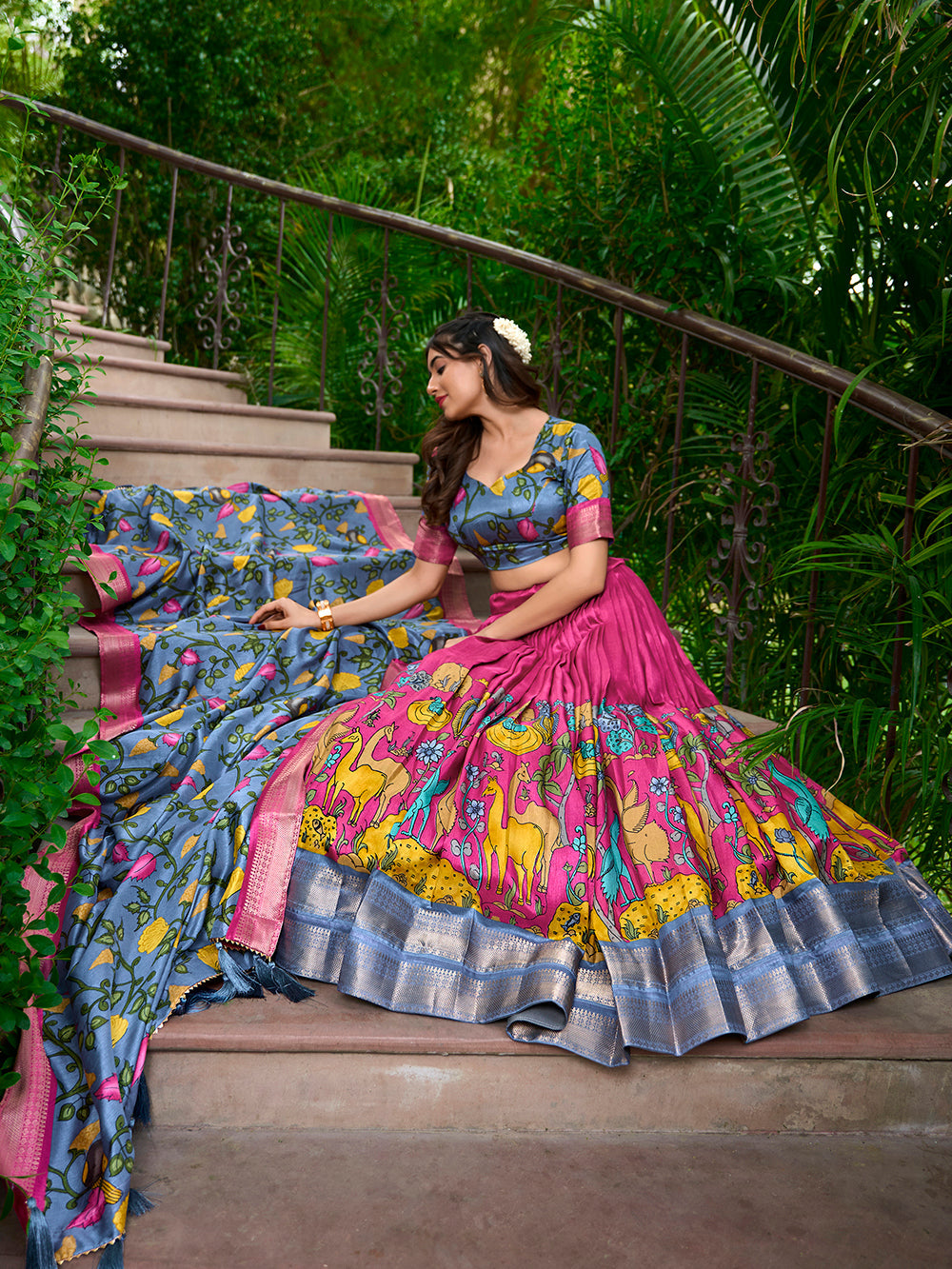 Pink Color Kalamkari Print With Zari Weaving Dola Silk South Indian Lehenga Choli - women's fashion mart