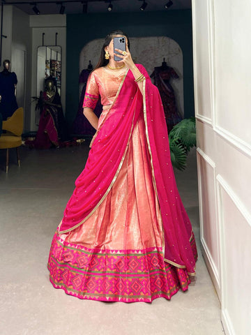 Peach Jacquard Silk Lehenga Choli with Elegant Ikkat Weaving Details  women's fashion mart