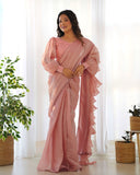peach color ready to wear ruffle saree - women's fashion mart