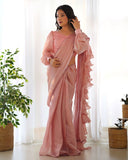 peach color ready to wear ruffle saree - women's fashion mart