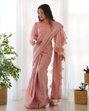 peach color ready to wear ruffle saree - women's fashion mart