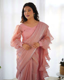 peach color ready to wear ruffle saree - women's fashion mart