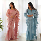 peach color ready to wear ruffle saree - women's fashion mart